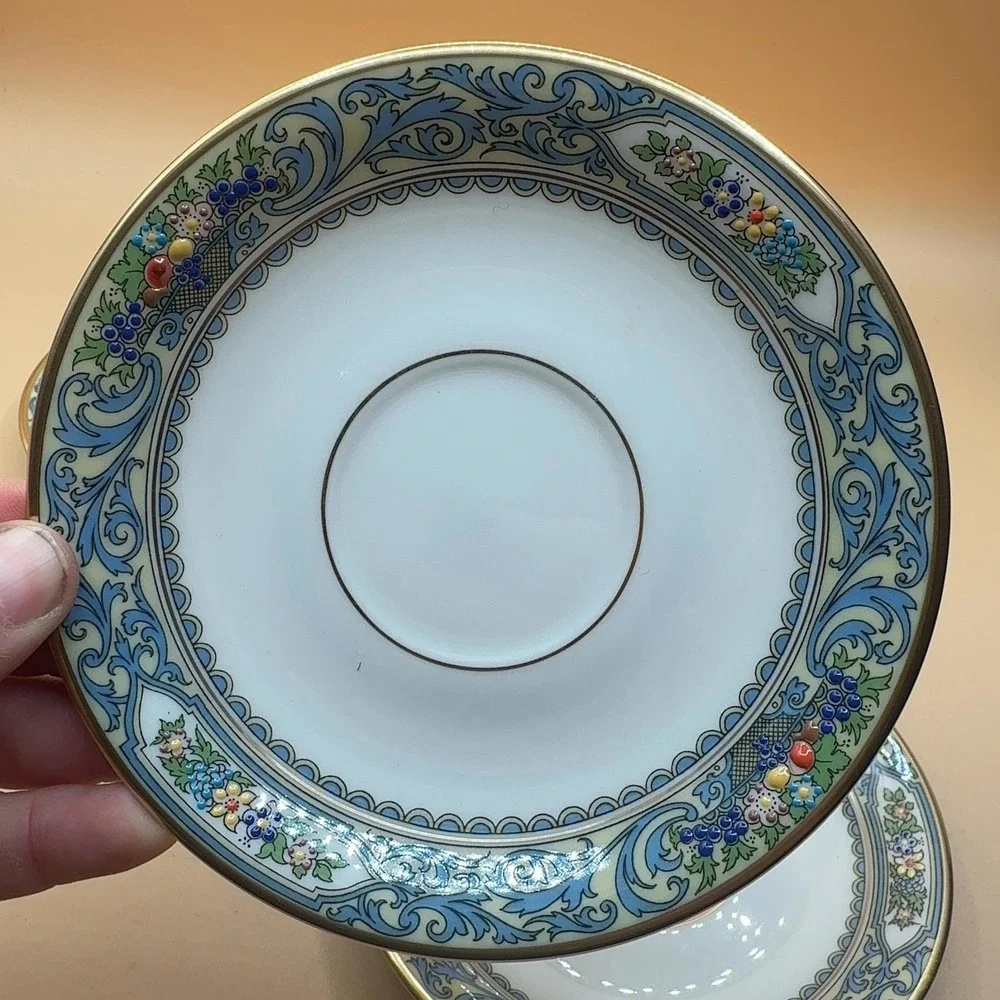 Lenox Autumn Saucer Plates Blue Floral Gold Trim Porcelain 4-Pack Made in USA